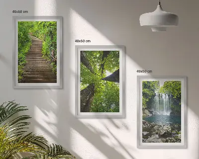 Set of 3 framed wall art pieces featuring a forest path with a waterfall and lush vegetation