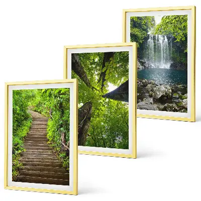Set of 3 framed wall art pieces featuring a forest path with a waterfall and lush vegetation
