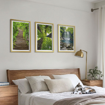 Set of 3 framed wall art pieces Path forest waterfall vegetation