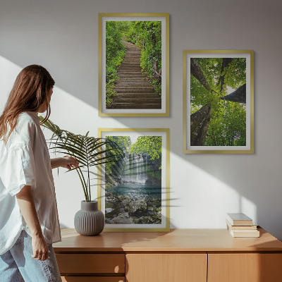 Set of 3 framed wall art pieces Path forest waterfall vegetation