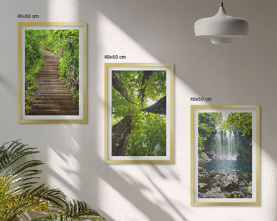 Set of 3 framed wall art pieces Path forest waterfall vegetation