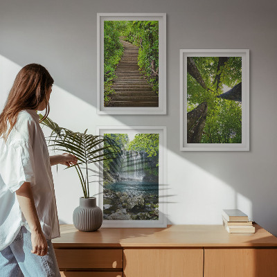Set of 3 framed wall art pieces Path forest waterfall vegetation
