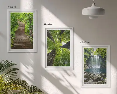 Set of 3 framed wall art pieces featuring a forest path with a waterfall and lush vegetation