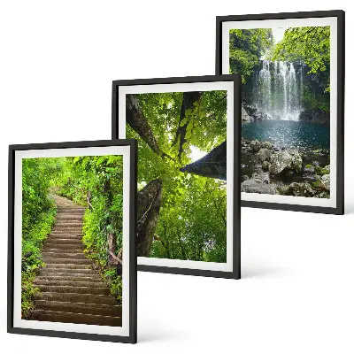 Set of 3 framed wall art pieces featuring a forest path with a waterfall and lush vegetation