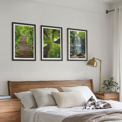 Set of 3 framed wall art pieces Path forest waterfall vegetation