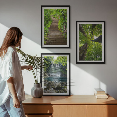 Set of 3 framed wall art pieces Path forest waterfall vegetation
