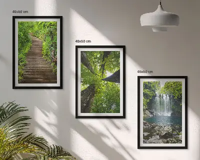 Set of 3 framed wall art pieces featuring a forest path with a waterfall and lush vegetation