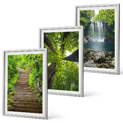 Set of 3 framed wall art pieces featuring a forest path with a waterfall and lush vegetation