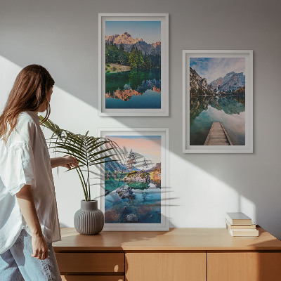 Three-piece wall art piece Mountain lakes reflection forest