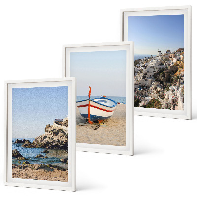 Set of 3 framed wall art pieces Views of Greece with a boat and houses