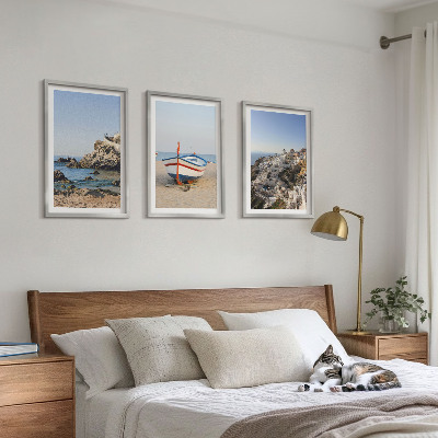 Set of 3 framed wall art pieces Views of Greece with a boat and houses