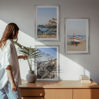 Set of 3 framed wall art pieces Views of Greece with a boat and houses