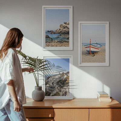 Set of 3 framed wall art pieces Views of Greece with a boat and houses