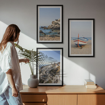 Set of 3 framed wall art pieces Views of Greece with a boat and houses