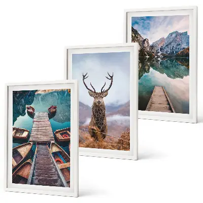 Wall art set featuring lake boats and deer in the mountains