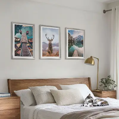 Wall art set featuring lake boats and deer in the mountains
