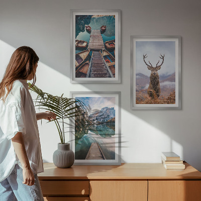 Wall art set Lake boats deer mountains