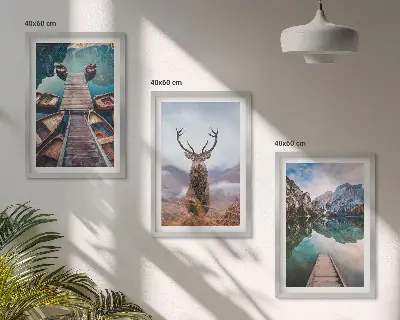 Wall art set featuring lake boats and deer in the mountains