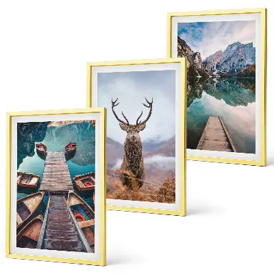 Wall art set featuring lake boats and deer in the mountains