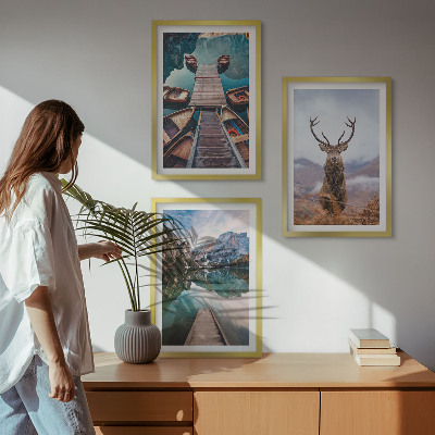 Wall art set Lake boats deer mountains