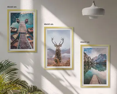 Wall art set featuring lake boats and deer in the mountains