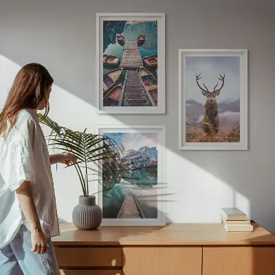 Wall art set featuring lake boats and deer in the mountains