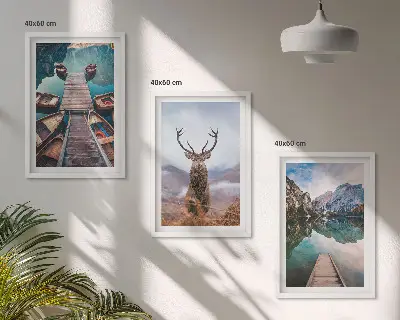 Wall art set featuring lake boats and deer in the mountains