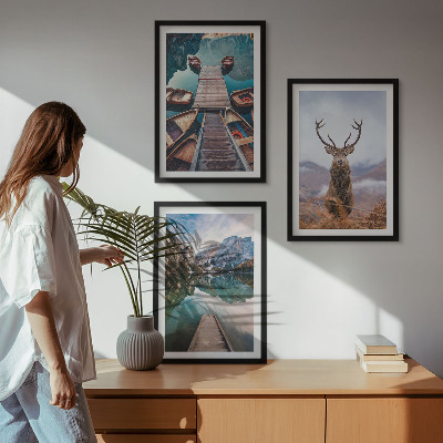 Wall art set Lake boats deer mountains