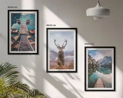 Wall art set featuring lake boats and deer in the mountains