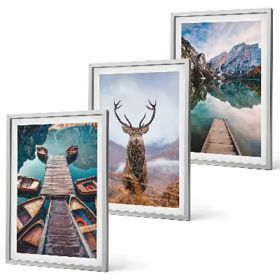 Wall art set featuring lake boats and deer in the mountains