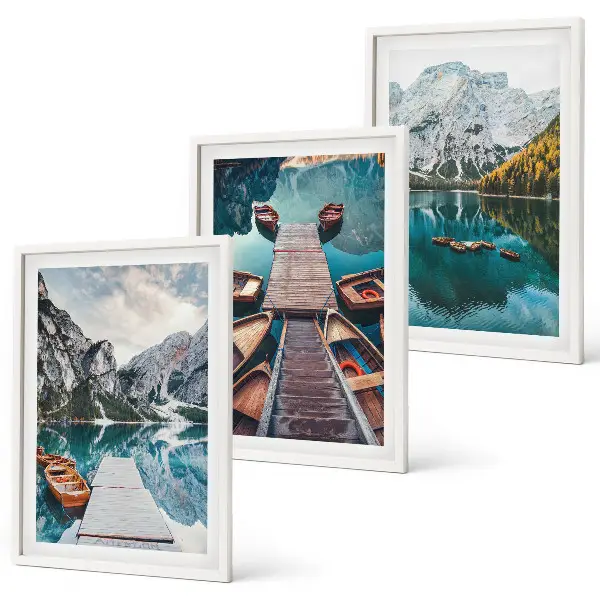 Three-piece wall art set featuring a lake with bridges and mountains