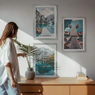 Three-piece wall art set featuring a lake with bridges and mountains