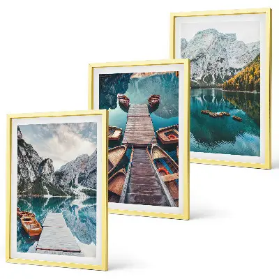 Three-piece wall art set featuring a lake with bridges and mountains