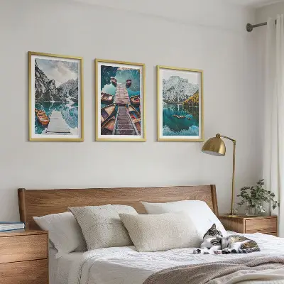 Three-piece wall art set featuring a lake with bridges and mountains