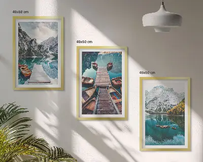 Three-piece wall art set featuring a lake with bridges and mountains