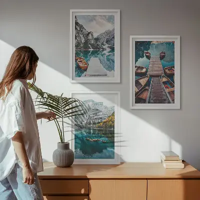 Three-piece wall art set featuring a lake with bridges and mountains