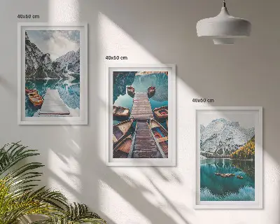 Three-piece wall art set featuring a lake with bridges and mountains