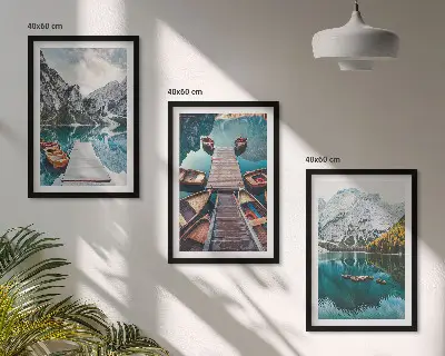 Three-piece wall art set featuring a lake with bridges and mountains