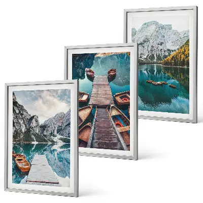 Three-piece wall art set featuring a lake with bridges and mountains