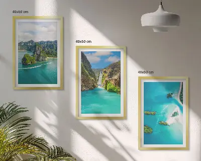 Set of 3 framed wall art pieces featuring tropical islands with turquoise water
