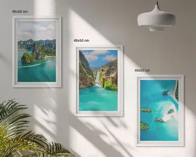 Set of 3 framed wall art pieces featuring tropical islands with turquoise water