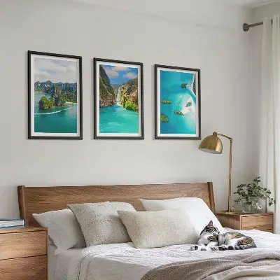 Set of 3 framed wall art pieces featuring tropical islands with turquoise water