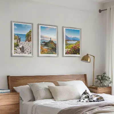 Wall art set featuring beach, lighthouse, mountains, and flowers