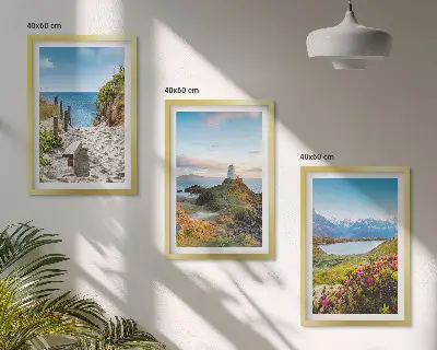 Wall art set featuring beach, lighthouse, mountains, and flowers