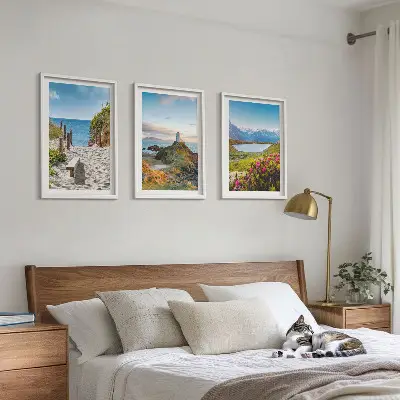 Wall art set featuring beach, lighthouse, mountains, and flowers