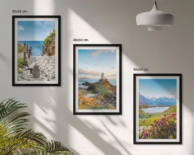 Wall art set featuring beach, lighthouse, mountains, and flowers