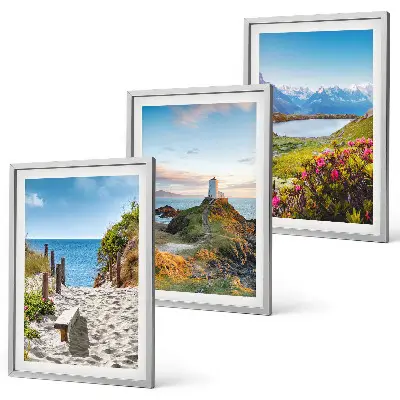 Wall art set featuring beach, lighthouse, mountains, and flowers