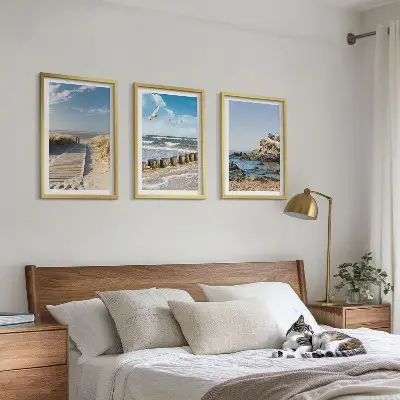 Three-piece wall art set featuring a wooden beach path and cliffs