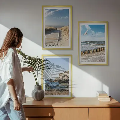 Three-piece wall art set featuring a wooden beach path and cliffs