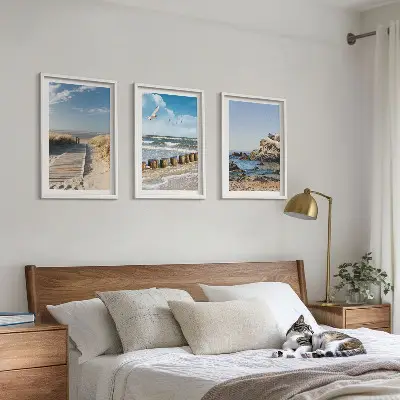 Three-piece wall art set featuring a wooden beach path and cliffs